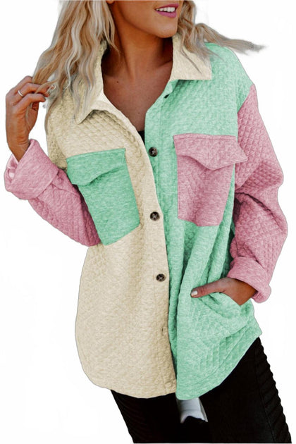 Pretty Bash Colorblock Button Front Quilted Shacket Beige Large 2