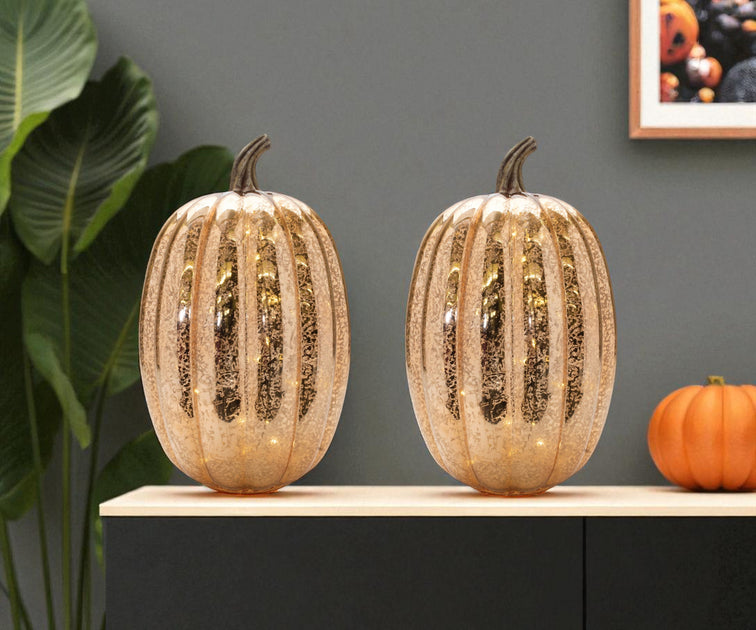 Hivvago Set of Two Orange Glass Pumpkin Tabletop Sculpture with LED 2