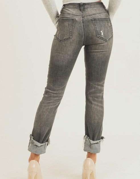 RISEN Mid Rise Frayed Cuff Ankle Straight Jeans Grey 32 3