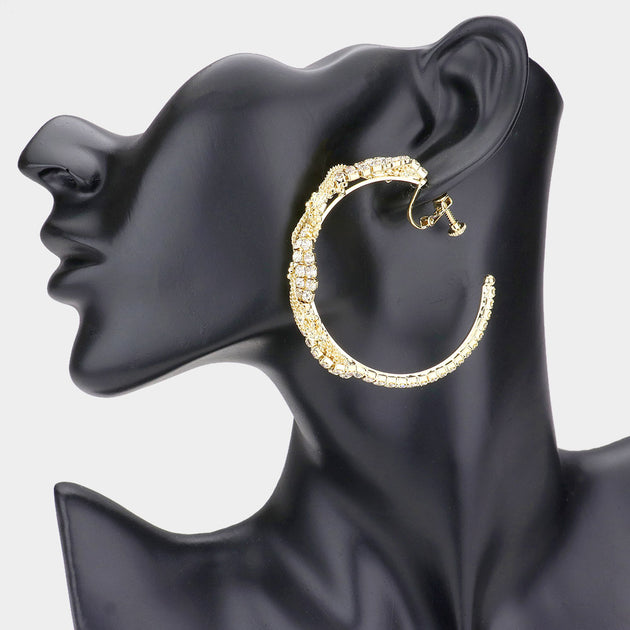 FASHNZFAB Twisted Crystal Rhinestone Hoop Clip Earrings Black 3