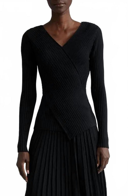 Lafayette 148 Wrapped-Front Ribbed Sweater Black Small 2