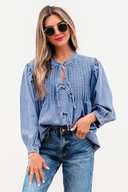 TRUEDAMES Denim Front Pintuck Bow Tie Puff Sleeve Top Multi Large 2