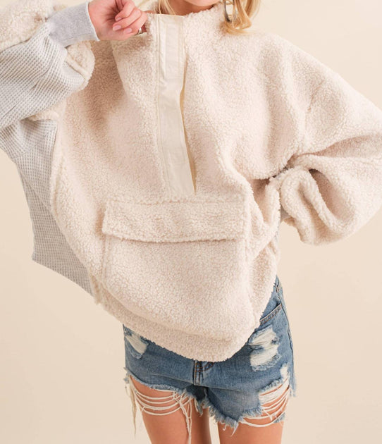 Blue B Sherpa Thermal Contrast Pullover Beige Small 2