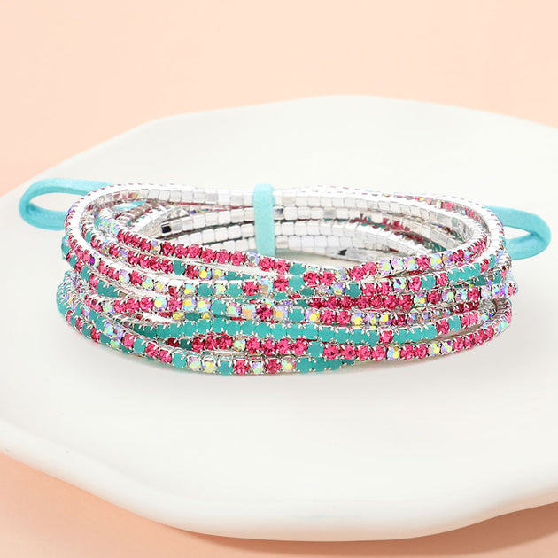 FASHNZFAB Layered Stretch Bracelet Pink Silver Turquoise One Size 2
