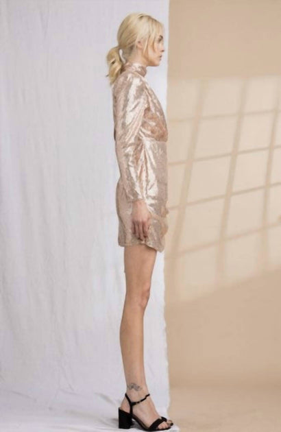 LENA Long Sleeve Sequin Mini Dress Beige Small 3