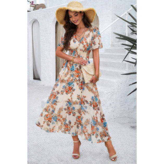 TRUEDAMES Boho Floral Print High Waist Dress Blue Small 2