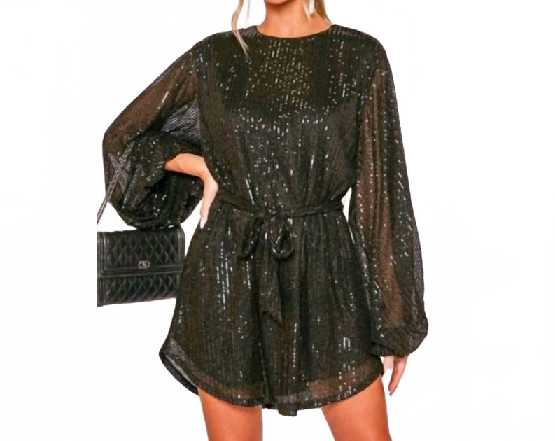 Vine & Love Shimmer Balloon Sleeve Belted Mini Dress Black Large 3