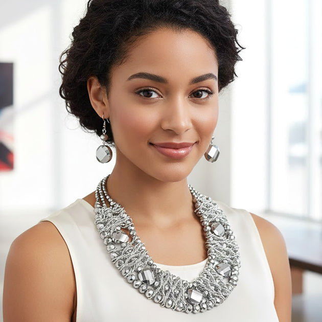FASHNZFAB Multi Strand Beaded Necklace Set Blue 2