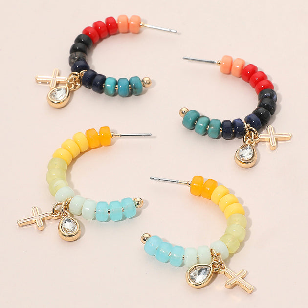 FASHNZFAB Cross Stone Cluster Charm Beaded Open Hoop Earrings Blue 4