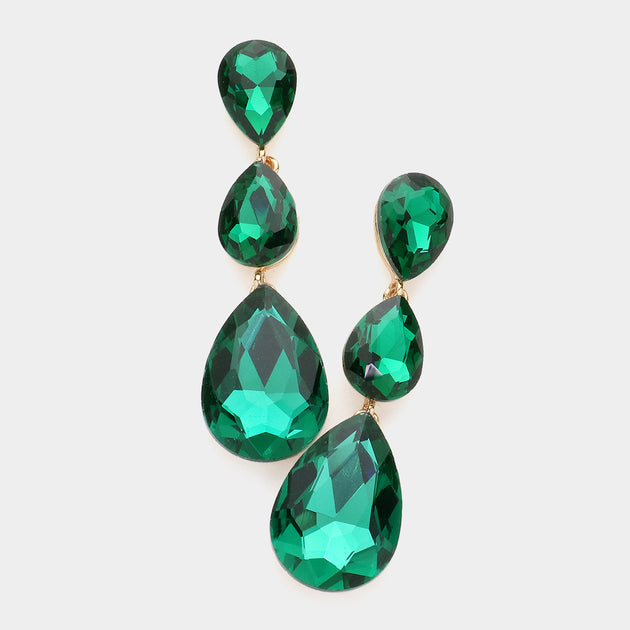 FASHNZFAB Triple Glass Crystal Teardrop Evening Earrings Emerald Green 3