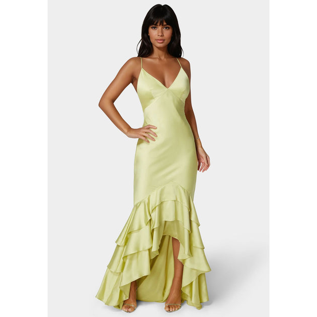 Bebe Tiered Satin High Low Gown Green XLarge 2