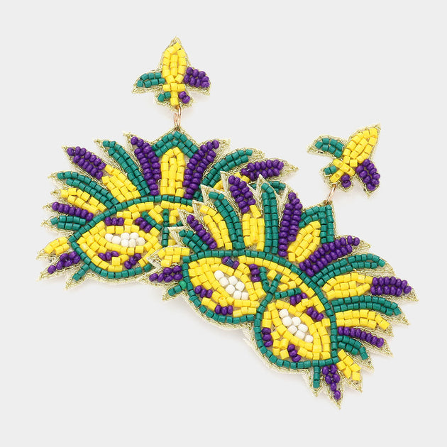 FASHNZFAB Seed Beaded Mardi Gras Mask Dangle Earrings Green 4