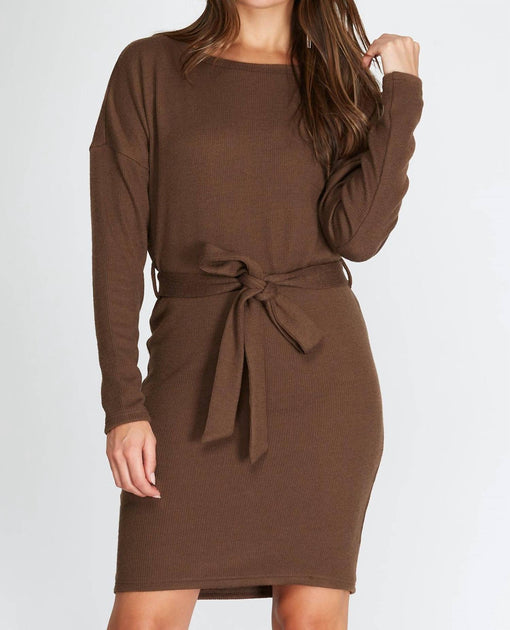 SHE + SKY Dolman Long Sleeve Boatneck Sweater Dress Brown Medium 2