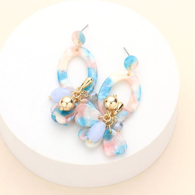 FASHNZFAB Open Oval Petal Link Dangle Earrings Blue 3