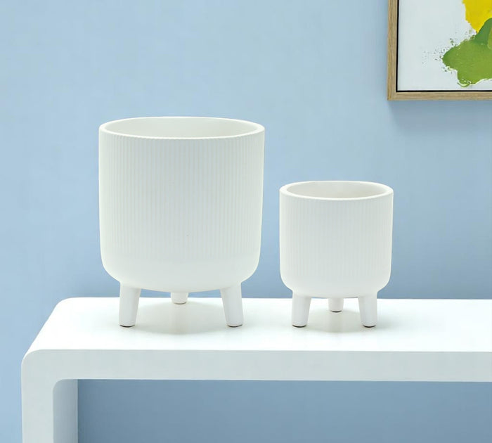Hivvago Set of Two White Ceramic Striped Footed Pot Planters 2