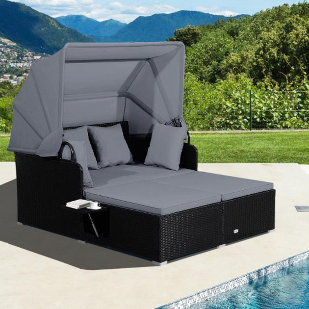 Hivvago Patio Rattan Daybed with Retractable Canopy and Side Tables Turquoise 3