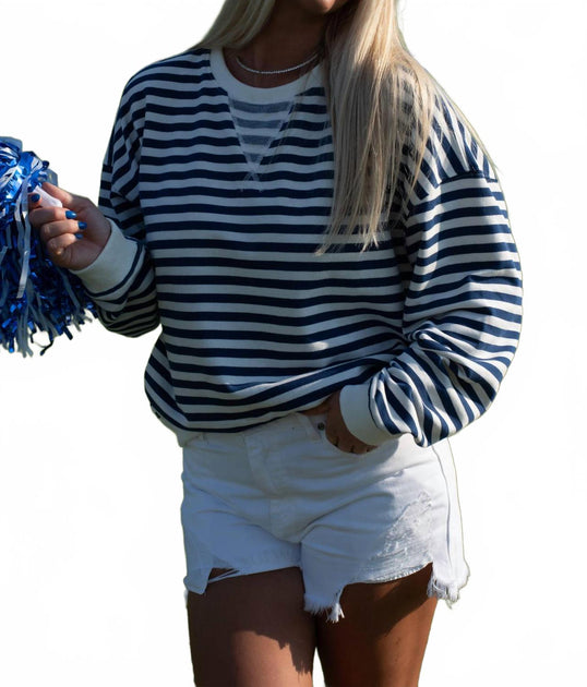 MIOU MUSE Stripe Knit Pullover Blue Small 3