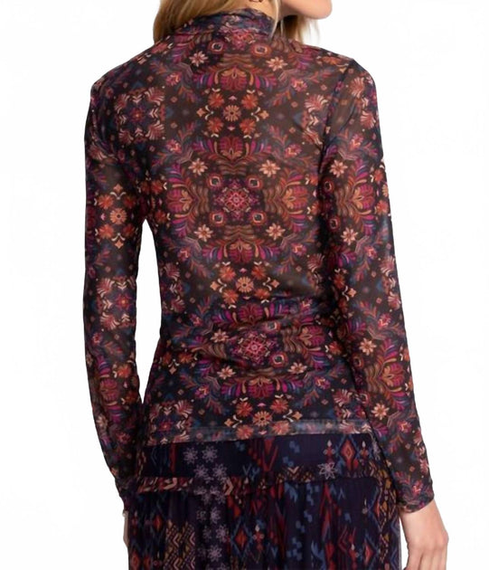 Johnny Was Brandi Mesh Button-Up Mock Neck Top Multi XXLarge 4