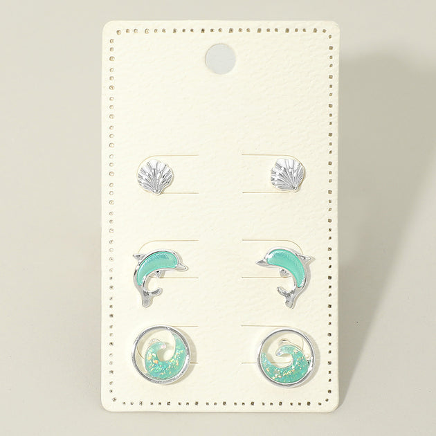 FASHNZFAB 3Pairs Ocean Theme Stud Earring Set Silver 2