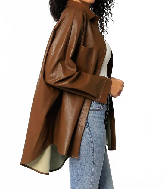 OLIVACEOUS Faux Leather Shacket Brown Medium/Large 4
