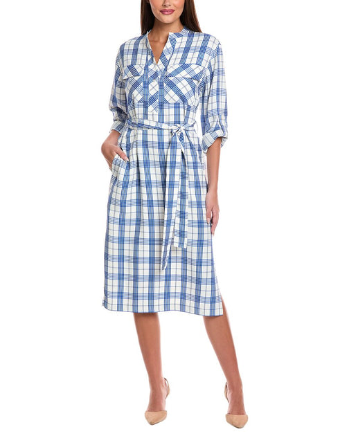 St. John Plaid Print Woven Dress Blue Large 2