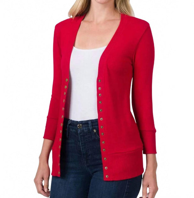 ZENANA Snap 3/4 Sleeve Cardigan Red Small 2