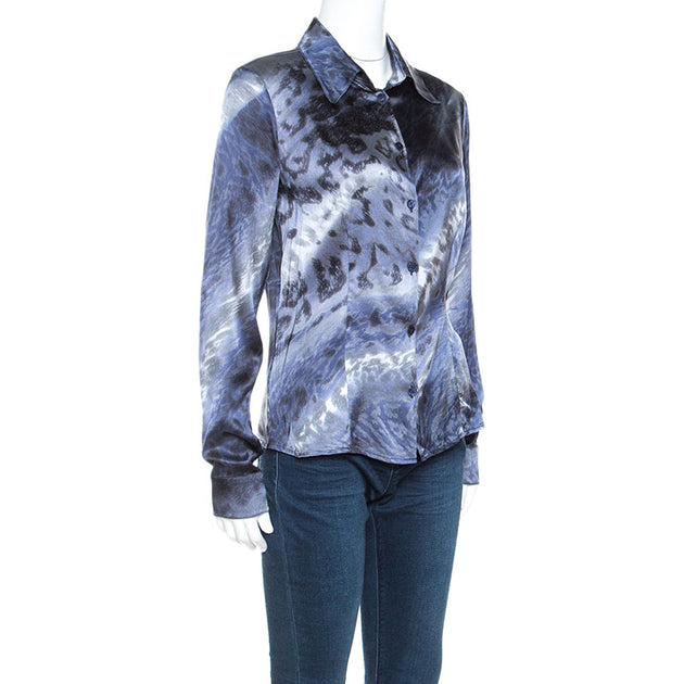 Roberto Cavalli Class Stretchseidensatin Bedrucktes Hemd Silber Medium 3