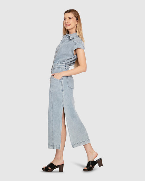 Belle & Bloom Sundown Denim Midi Shirt Dress White Medium 3