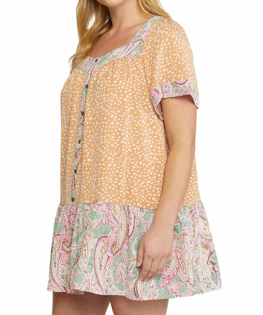 Entro Mixed Print Square Neck Dress Orange Plus Size 1X 3