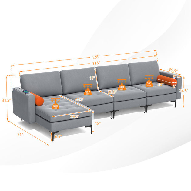 Hivvago Modular L-Shaped 4-Seat Sectional Sofa Gray 4