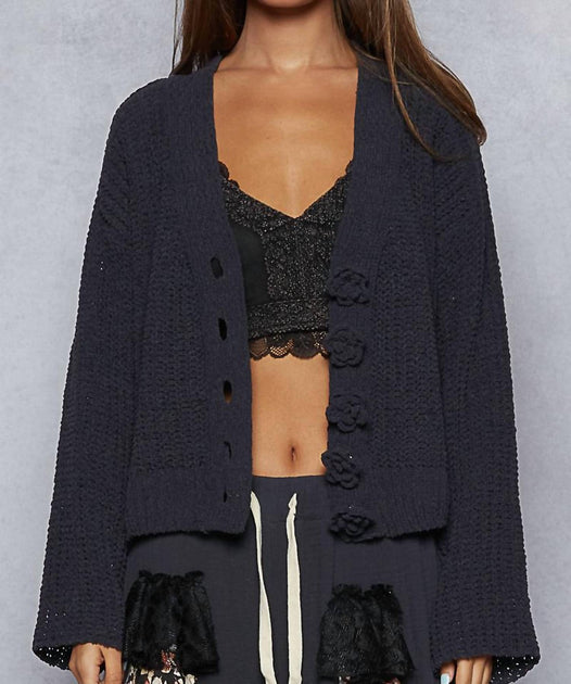 POL Crochet Button Down Cardigan Black Small 2