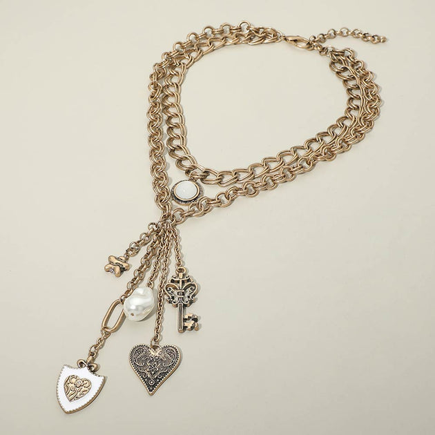 FASHNZFAB Vintage Heart Pearl Flower Charm Drop Layered Statement Necklace Multi One Size 2