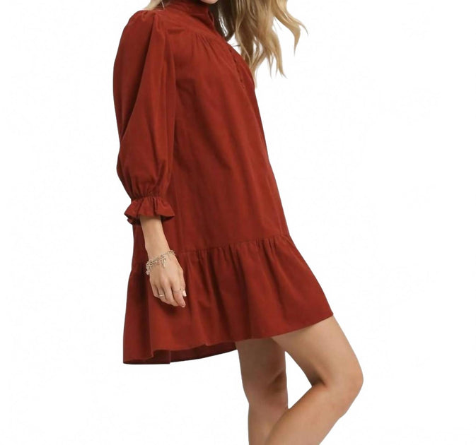 BNS Corduroy Ruffle Puff Sleeve Tiered Dress Red Small 4