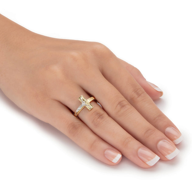 Palm Two-Tone Crucifix Ring Yellow White Gold US 9 4