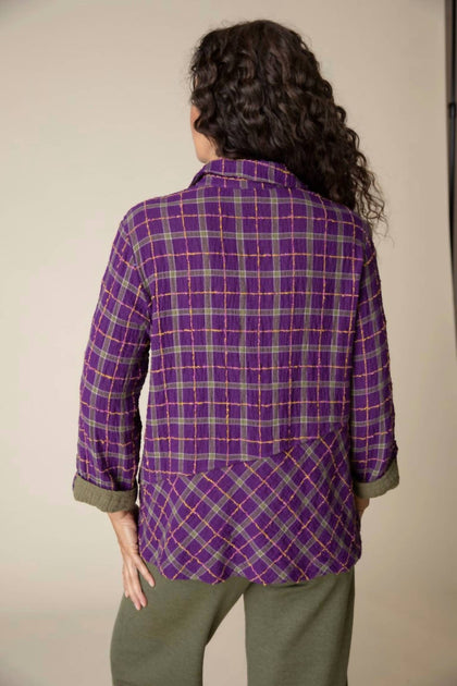 Habitat Double Faced Windowpane Pieced Button Front Shirt Violet Medium 4