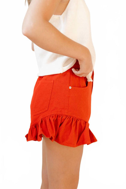 day + moon Alex Ruffle Denim Shorts Red Small 3