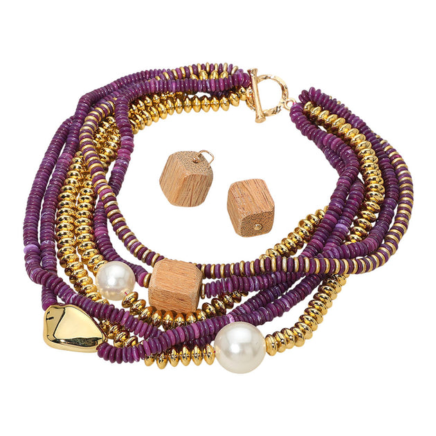 FASHNZFAB Beaded Layered Necklace Purple One Size 3