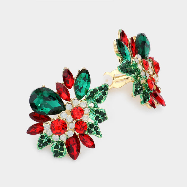 FASHNZFAB Floral Multi Stone Clip on Evening Earrings Pink 4
