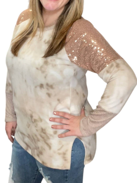 honeyme Tie Dye Sequin Shoulder Tee Beige 3X 3