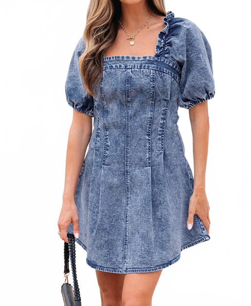 Threaded Pear Celia Square Neck Bustier Puff Sleeve Short Denim Dress Blue Small 2