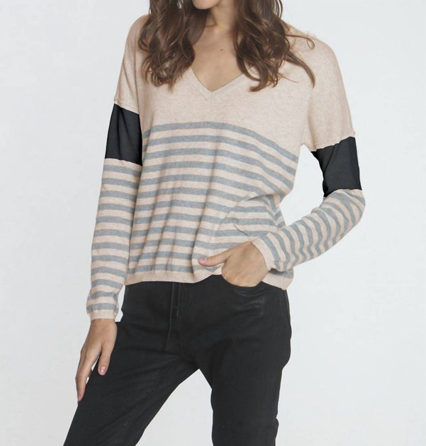 LABEL+thread Lindsey Stripe Vee Long Sleeve Tee Beige XSmall 2