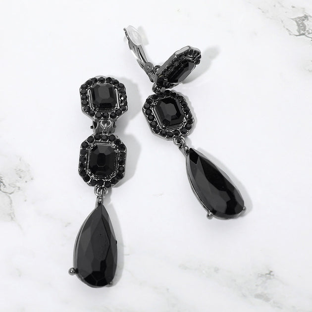 FASHNZFAB Square Halo Teardrop Stone Cluster Link Drop Clip On Earrings Black 2