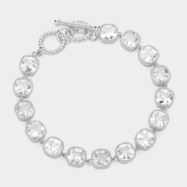 FASHNZFAB Square CZ Stone Link Toggle Bracelet Rhodium Silver One Size 3