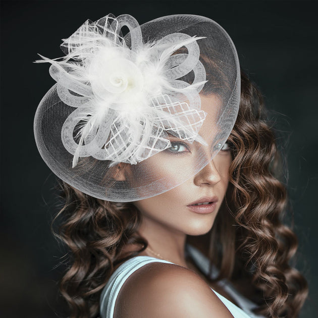 FASHNZFAB Feather Mesh Flower Fascinator White 3