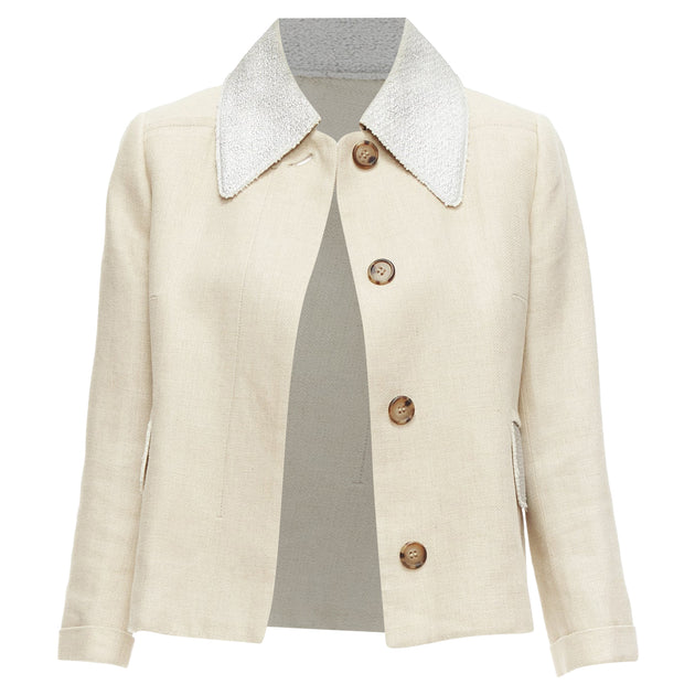 CARVEN Linen Cotton Blend Tweed Collar Button Boxy Jacket | ShopSimon