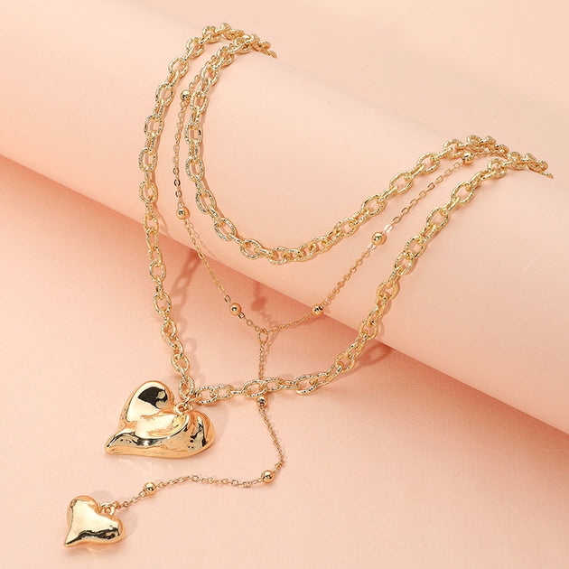 FASHNZFAB Metal Heart Pendant Layered Chain Necklace Gold 2