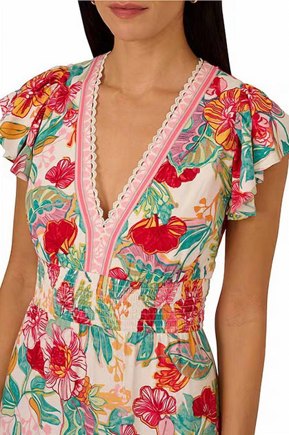 Adrianna Papell Floral V-Neck Flutter Cap Dress Multi US 2 4