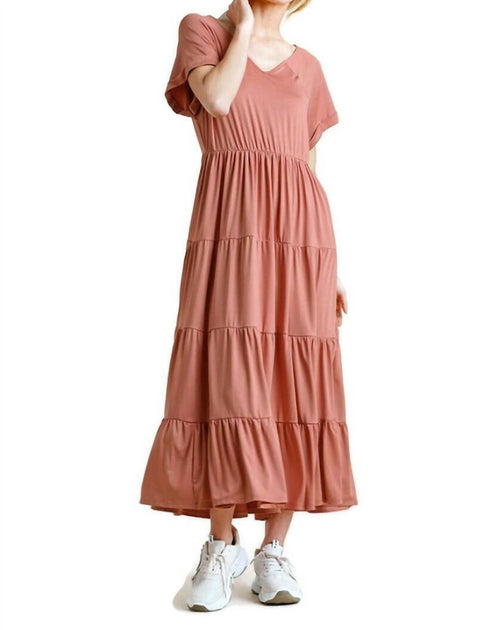 Umgee Tiered V-Neck Maxi Dress Pink Large 2