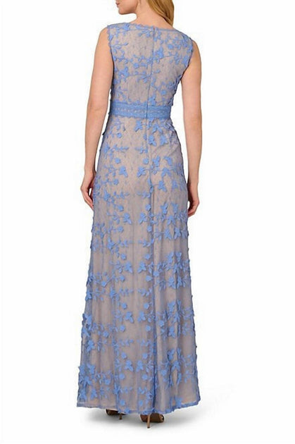 Adrianna Papell Embroidered Lace Sheath Gown Blue US 2 3