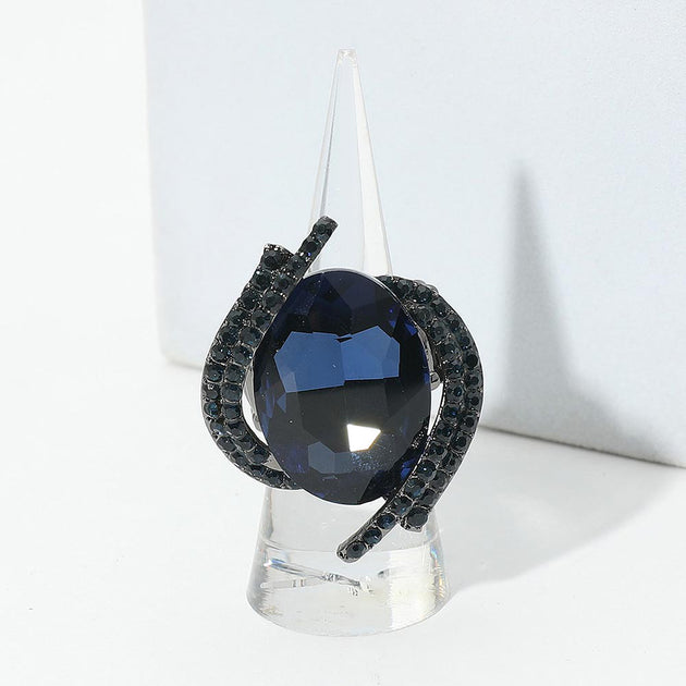 FASHNZFAB Oval Crystal Stretch Ring Black One Size 2